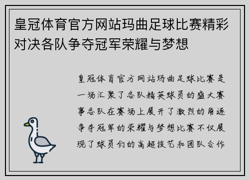 皇冠体育官方网站玛曲足球比赛精彩对决各队争夺冠军荣耀与梦想
